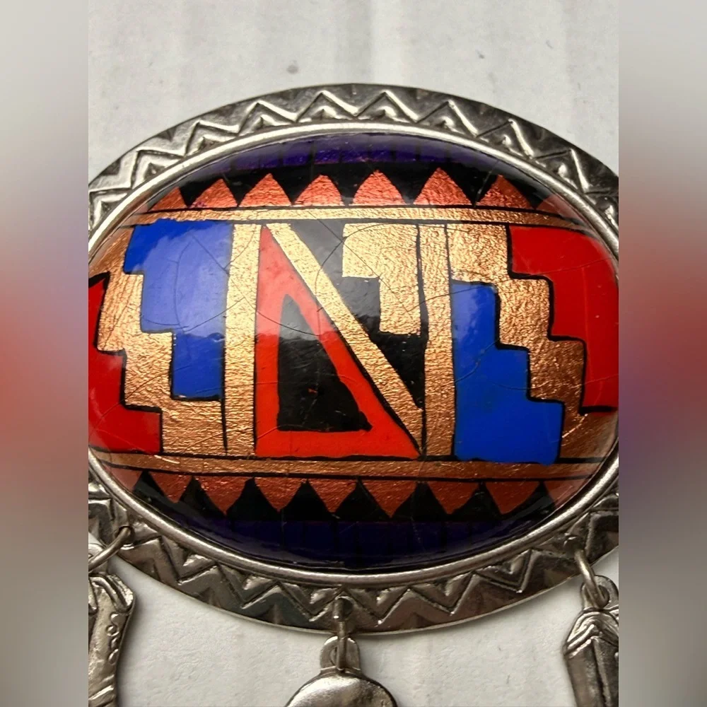 Vintage‎ Oval Native American Design Silver Brooch Pin Cowboy Boots Hat Western